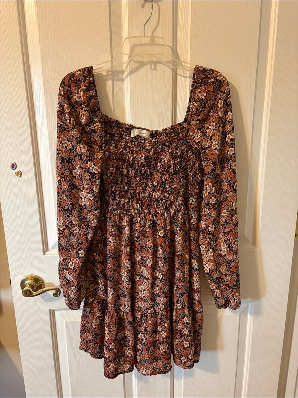 Damsel Style Square-Neck Long Sleeve Floral Dress - Rust Floral